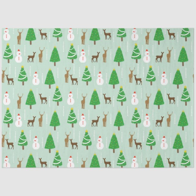 Christmas Trees Snowmen Reindeers Snow Tissue Paper (Front)