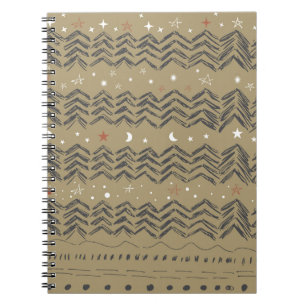 Christmas trees, stars and snowflakes in red, grey notebook
