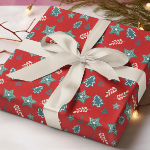 Christmas Trees Stars Floral Red Green Pattern Wrapping Paper