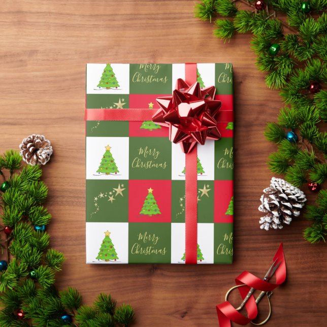 Christmas trees stars Merry Christmas script Wrapping Paper (Holiday Gift)