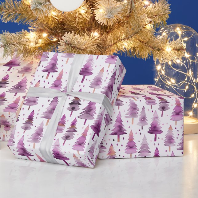 Christmas Trees Stars Purple Pink Christmas Wrapping Paper (Holidays)