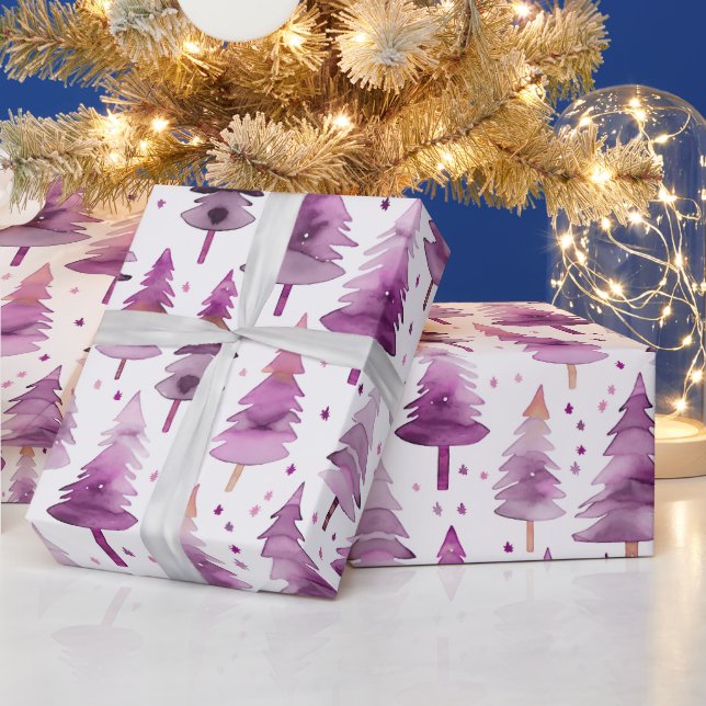 Christmas Trees Stars Purple Pink Christmas Wrapping Paper (Holidays)