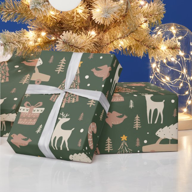 Christmas Trees Stars Reindeer Green Christmas Wrapping Paper (Holidays)