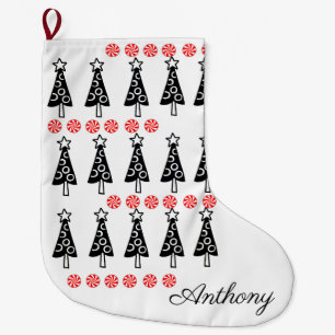 Christmas Trees Stocking, Black & White Peppermint Large Christmas Stocking
