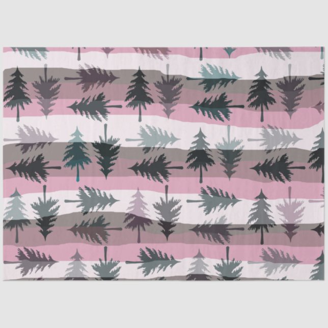 Christmas Trees Stripes Pink White Grey Christmas Tissue Paper (Front)