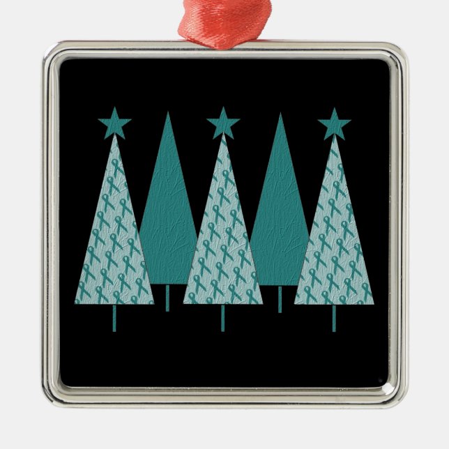 Christmas Trees - Teal Ribbon Ovarian Cancer Metal Tree Decoration (Front)