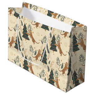 Christmas Trees & Tigers Custom Beige Backbround Large Gift Bag