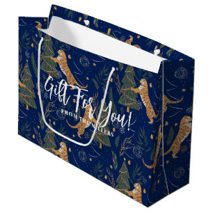 Christmas trees & tigers dark-blue background large gift bag