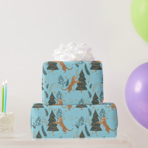 Christmas trees & tigers pattern Blue background Wrapping Paper