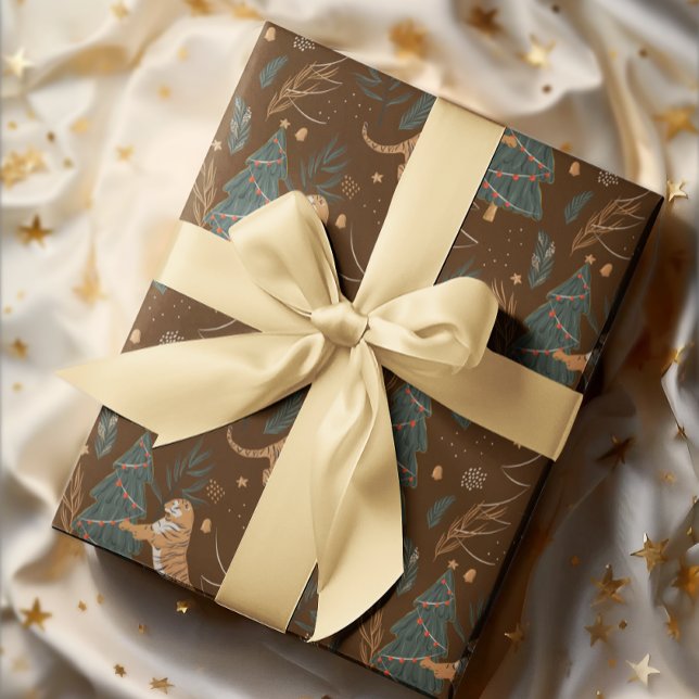 Christmas trees & tigers pattern brown background wrapping paper (Creator Uploaded)