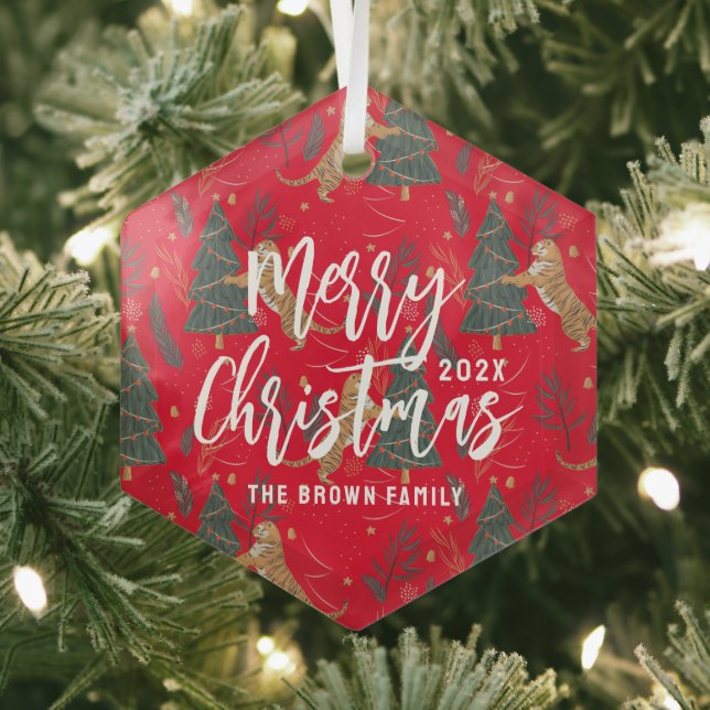 Christmas trees & tigers pattern custom background glass tree decoration (Insitu)