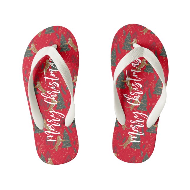 Christmas trees & tigers pattern custom background kid's flip flops (Footbed)