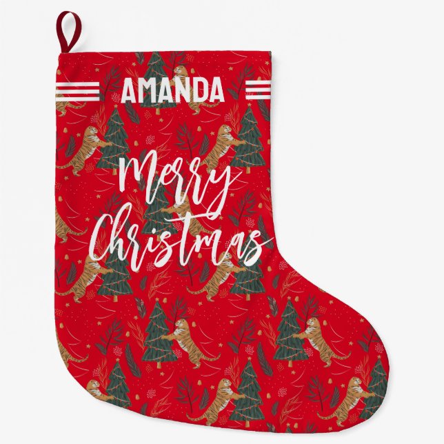 Christmas trees & tigers pattern custom background large christmas stocking (Front)