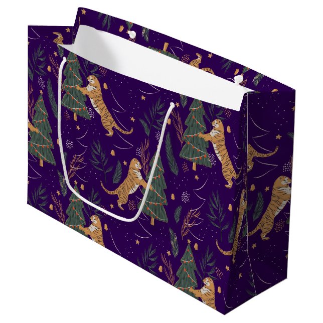 Christmas trees & tigers pattern custom background large gift bag (Front Angled)