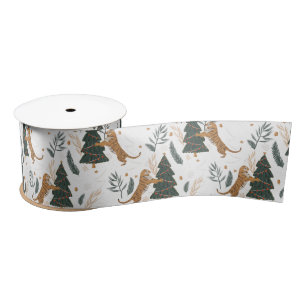 Christmas trees & tigers pattern custom background satin ribbon