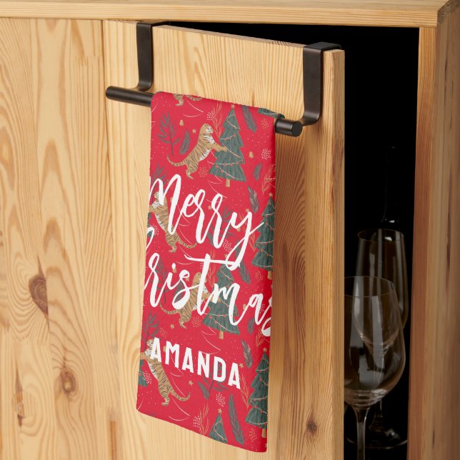 Christmas trees & tigers pattern custom background tea towel (Thirds Fold)