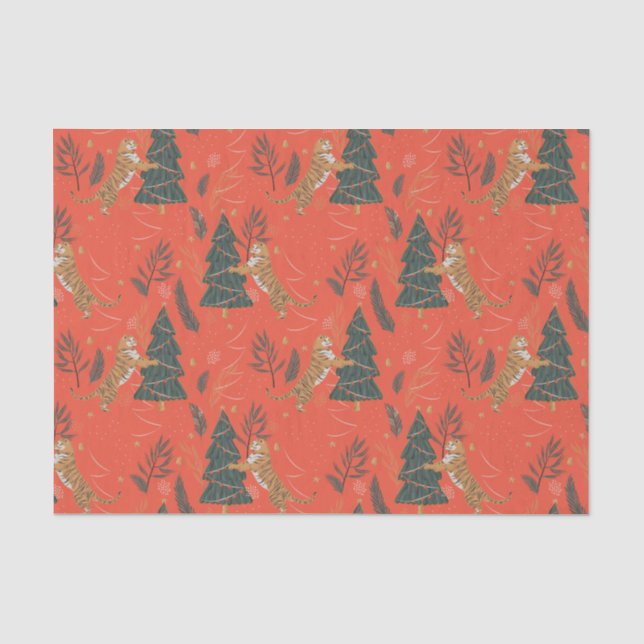 Christmas trees & tigers pattern custom background tissue paper (Front)