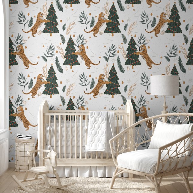 Christmas trees & tigers pattern custom background wallpaper (Kids)