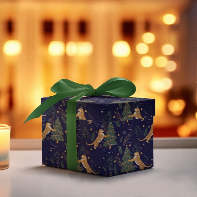 Christmas trees & tigers pattern custom background wrapping paper (Creator Uploaded)