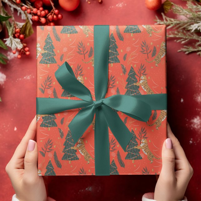Christmas trees & tigers pattern custom background wrapping paper (Creator Uploaded)