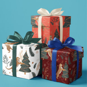 Christmas trees & tigers pattern custom background wrapping paper sheet