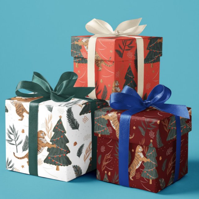 Christmas trees & tigers pattern custom background wrapping paper sheet (Creator Uploaded)