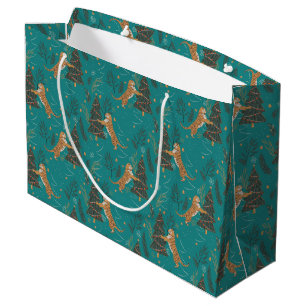Christmas trees & tigers pattern on turquoise large gift bag