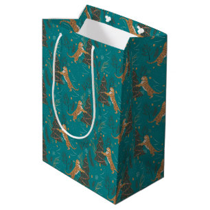 Christmas trees & tigers pattern on turquoise medium gift bag