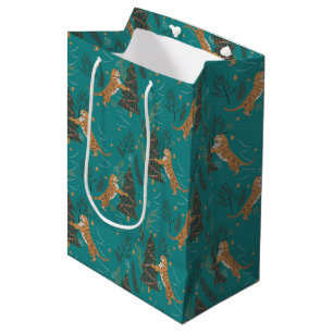 Christmas trees & tigers pattern on turquoise medium gift bag