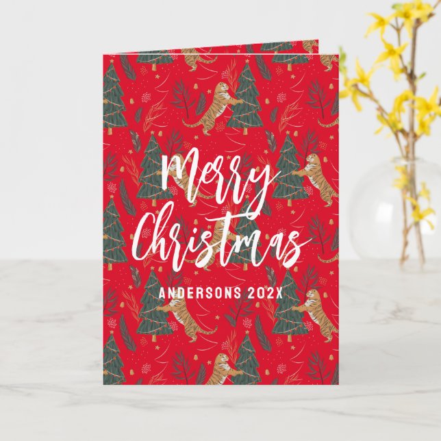 Christmas trees & tigers pattern Red background Card (Yellow Flower)