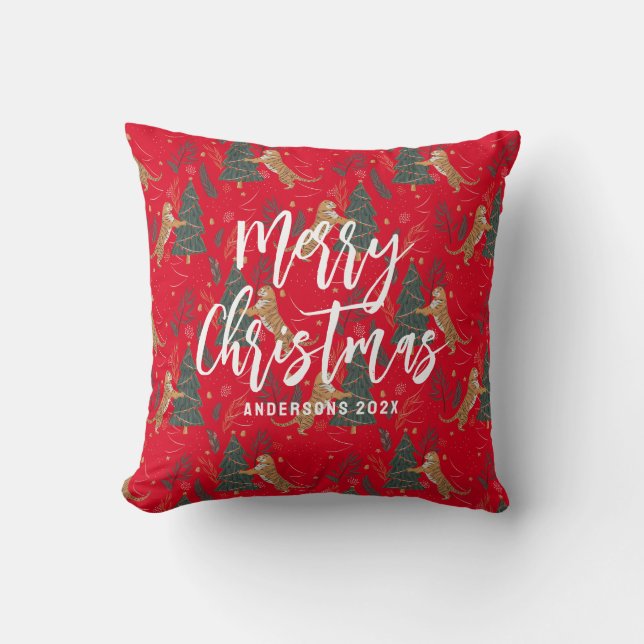 Christmas trees & tigers pattern red background cushion (Front)