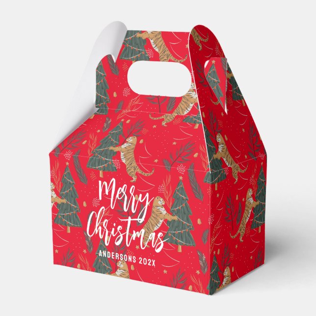 Christmas trees & tigers pattern Red background Favour Box (Front Side)