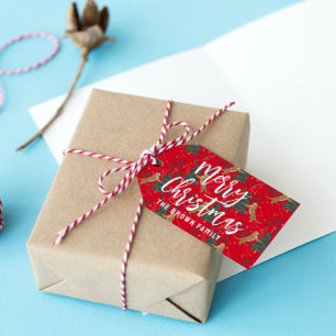Christmas trees & tigers pattern red background gift tags