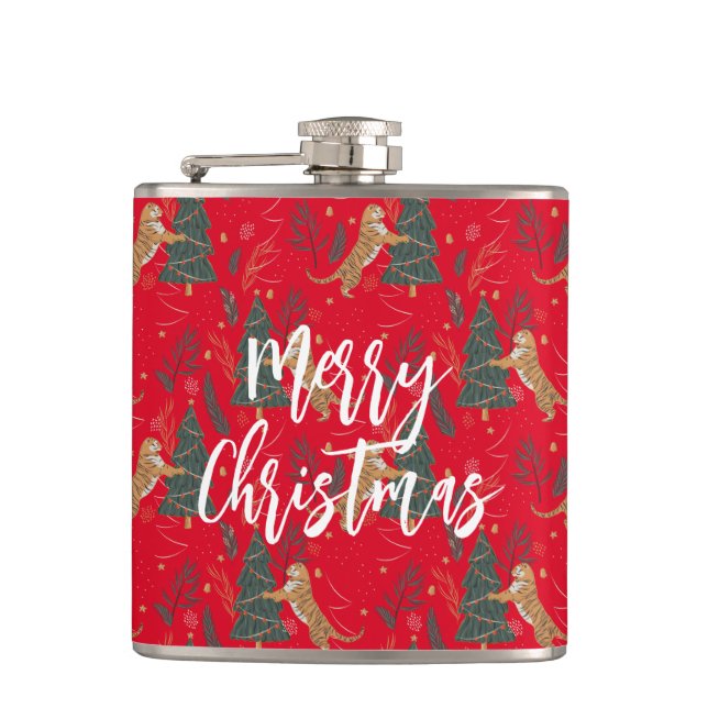 Christmas trees & tigers pattern red background hip flask (Front)