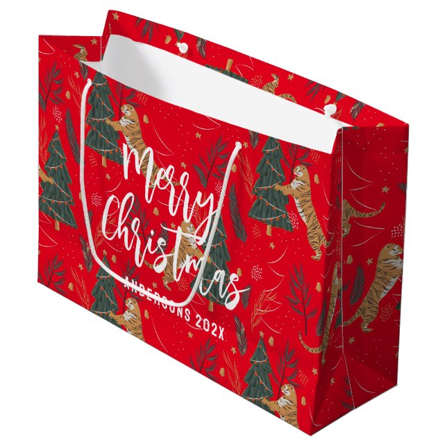 Christmas trees & tigers pattern Red background Large Gift Bag (Front Angled)