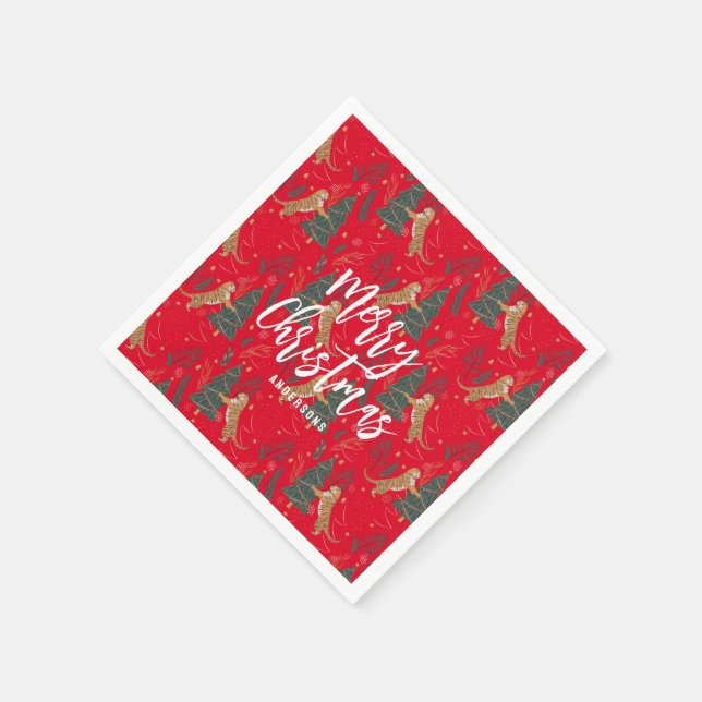 Christmas trees & tigers pattern red background napkin (Corner)