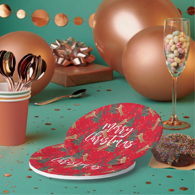 Christmas trees & tigers pattern red background paper plate (Multi)