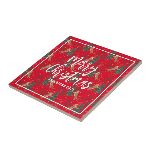 Christmas trees & tigers pattern red background tile (Side)