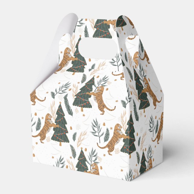 Christmas trees & tigers pattern white background favour box (Back Side)