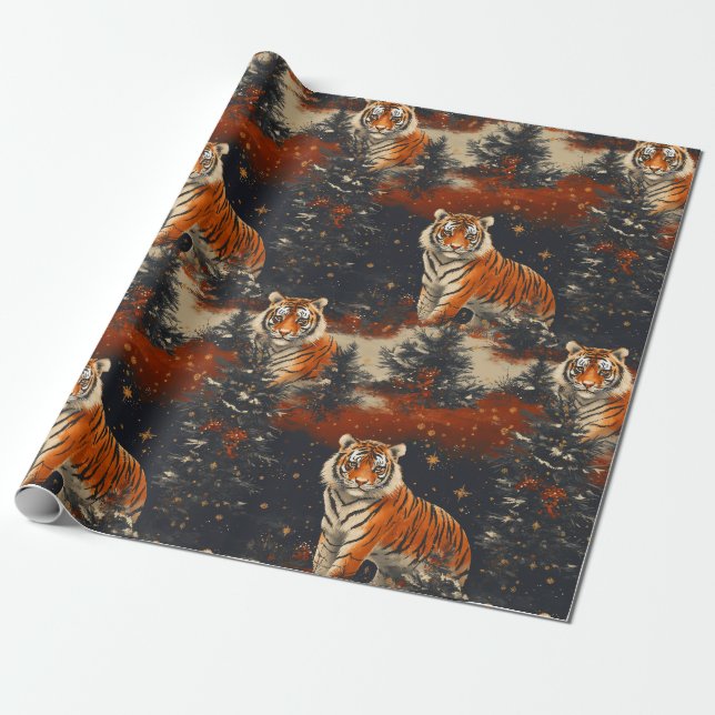 Christmas Trees & Tigers pattern Wrapping Paper (Unrolled)