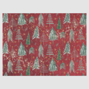 Christmas Trees w Gold Twinkle Stars Burgundy Red Tissue Paper