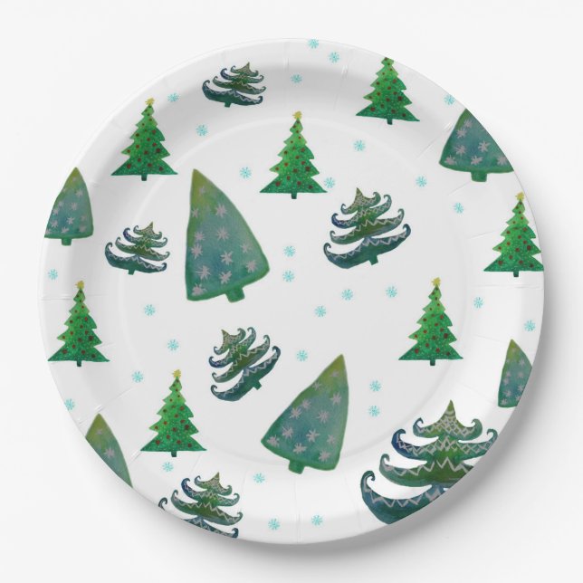 Christmas Trees Watercolor Art Paper Plate (Front)