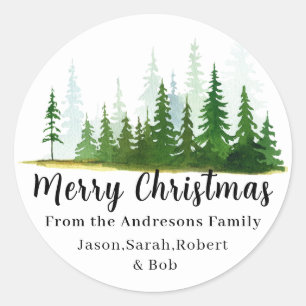 Christmas trees watercolor family name elegant classic round sticker
