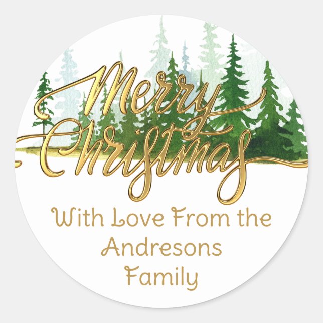 Christmas trees watercolor family name elegant classic round sticker (Front)