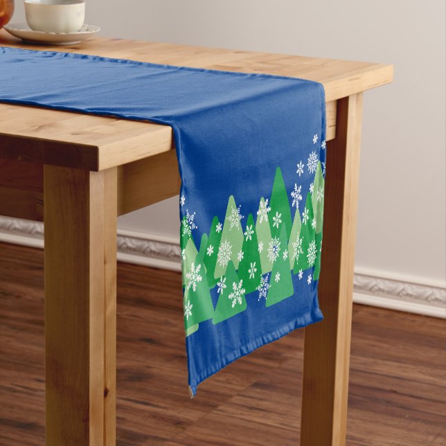Christmas Trees White Snowflakes Deep Blue Short Table Runner (In Situ)