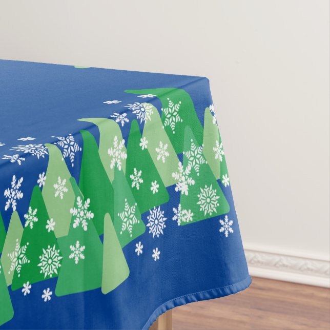 Christmas Trees White Snowflakes Deep Blue Tablecloth (In Situ)