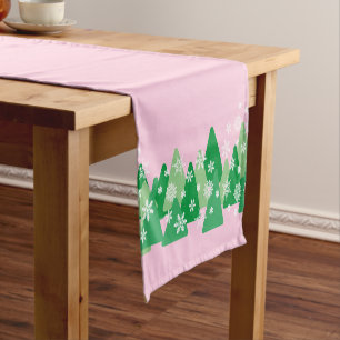 Christmas Trees White Snowflakes Pink Short Table Runner