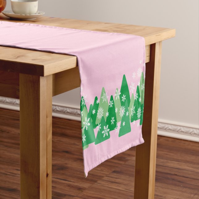 Christmas Trees White Snowflakes Pink Short Table Runner (In Situ)