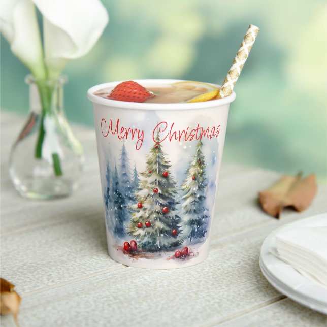 Christmas trees winter snowy landscape paper cups (Insitu)
