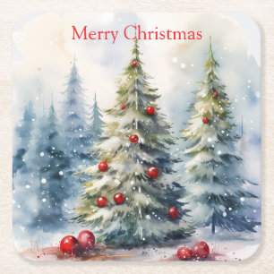 Christmas trees winter snowy landscape square paper coaster